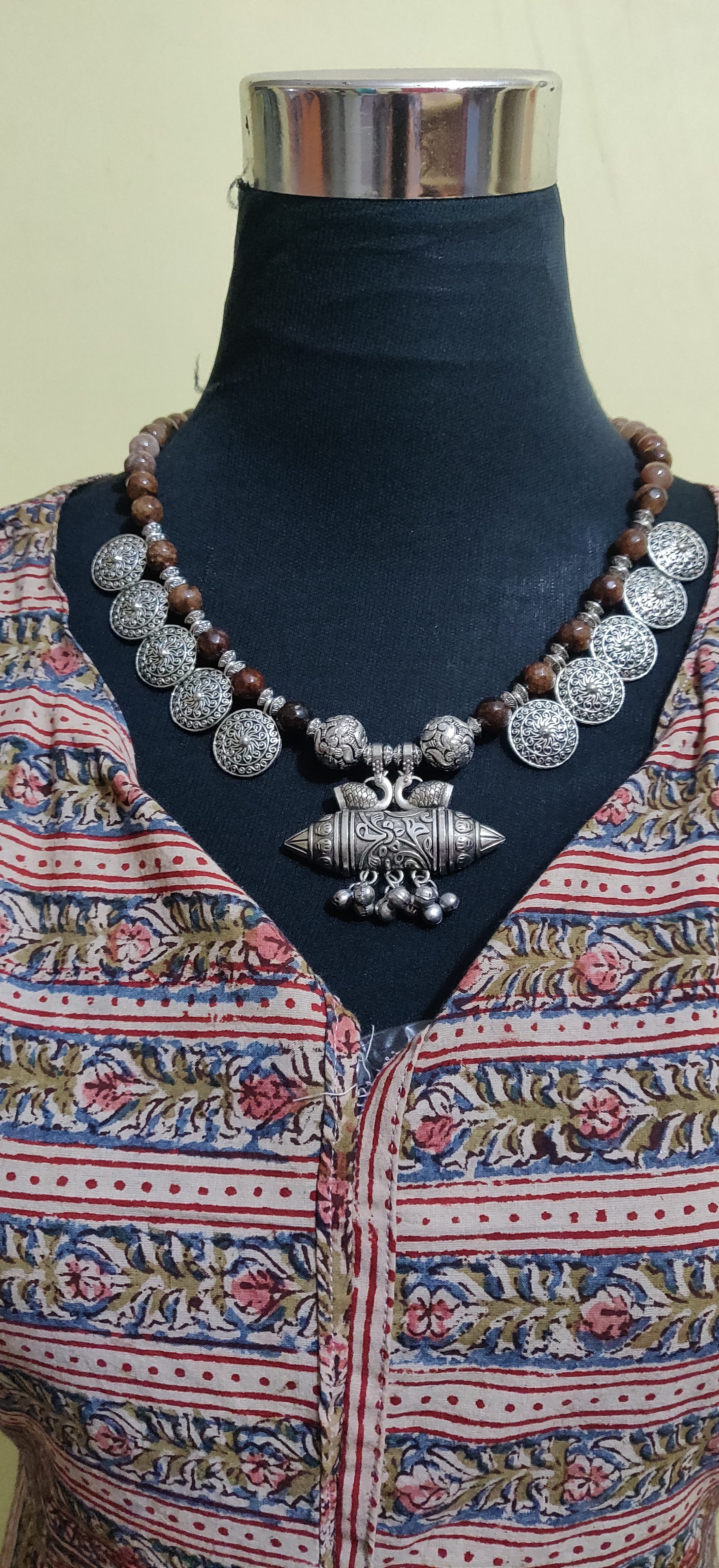 Semi precious beads with silver antique charms and pendant necklace