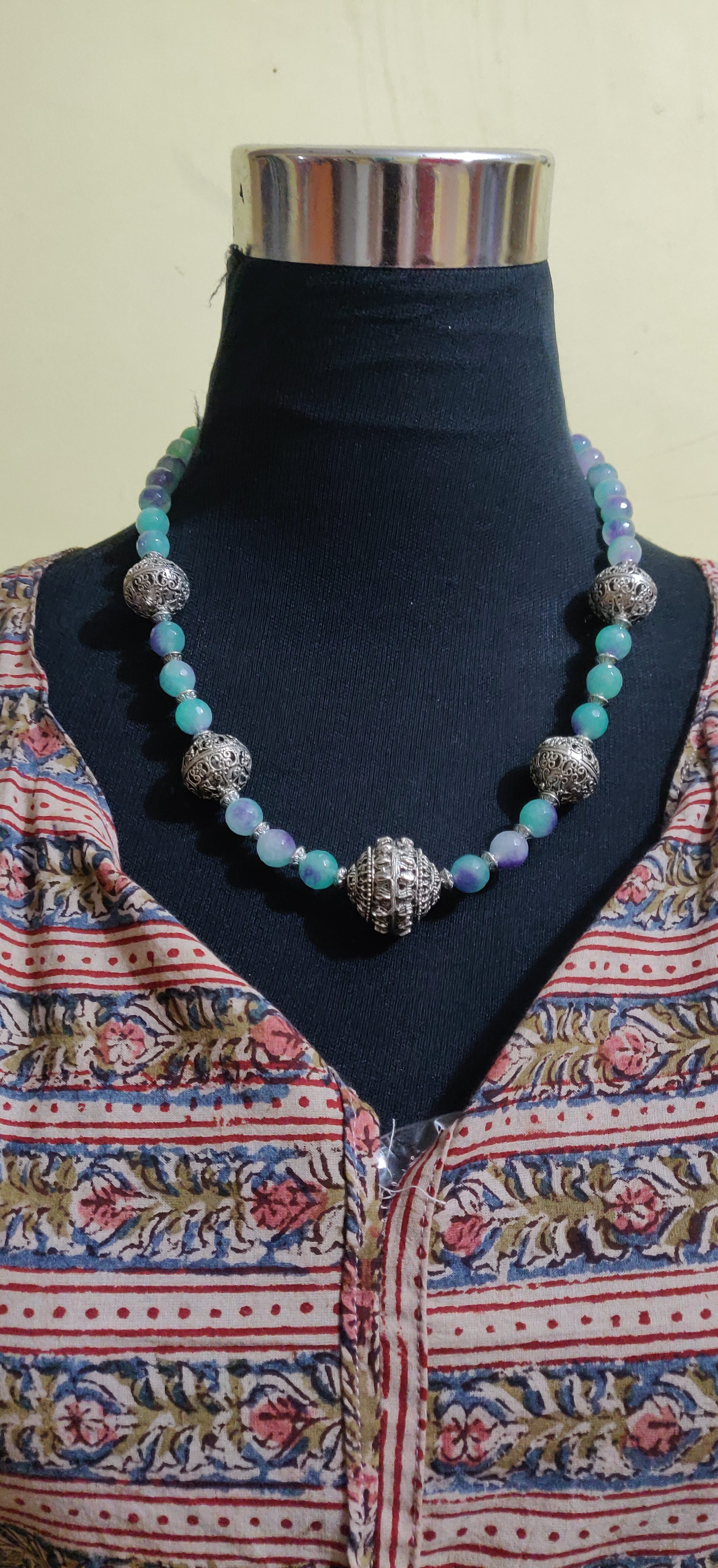 Textured semi precious beads with big silver antique beads necklace