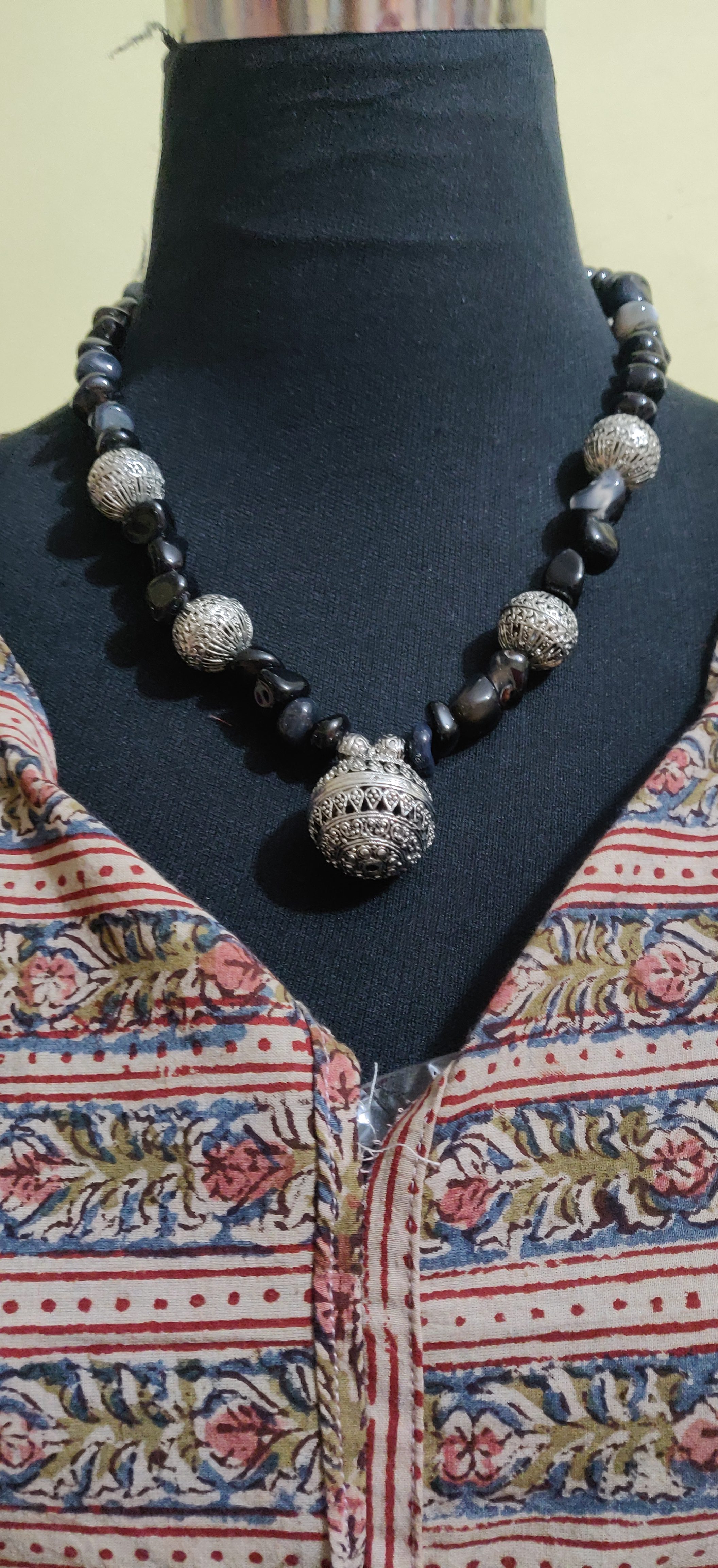Black Tumbler beads with silver beads necklace