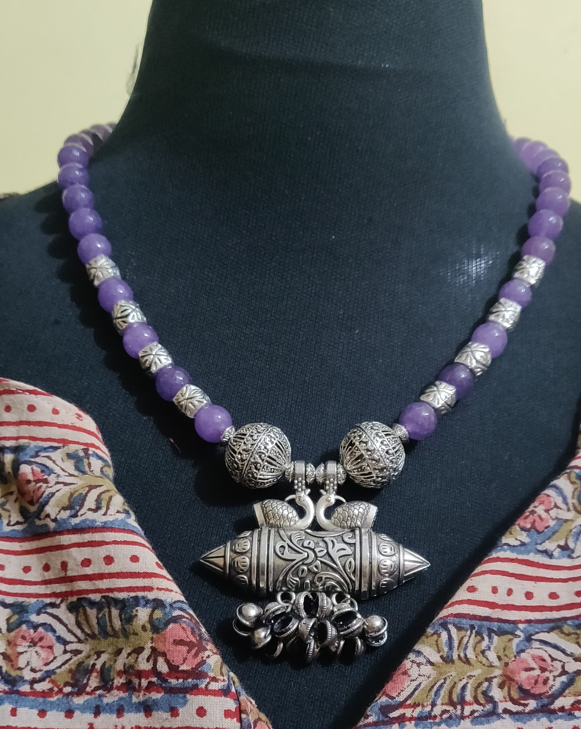 Semi precious beads with silver beads and locket necklace