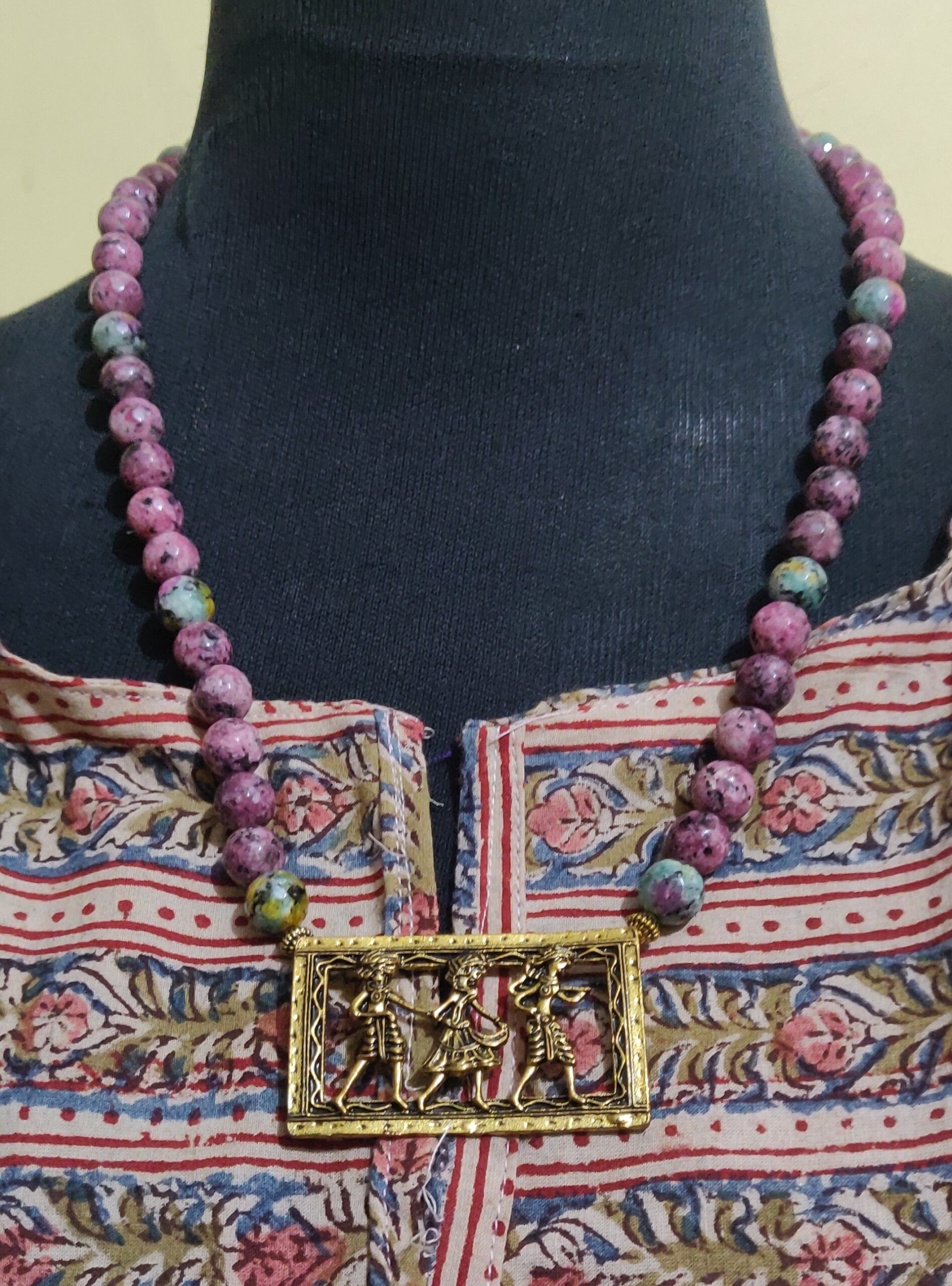 Semi precious beads with brass pendant necklace