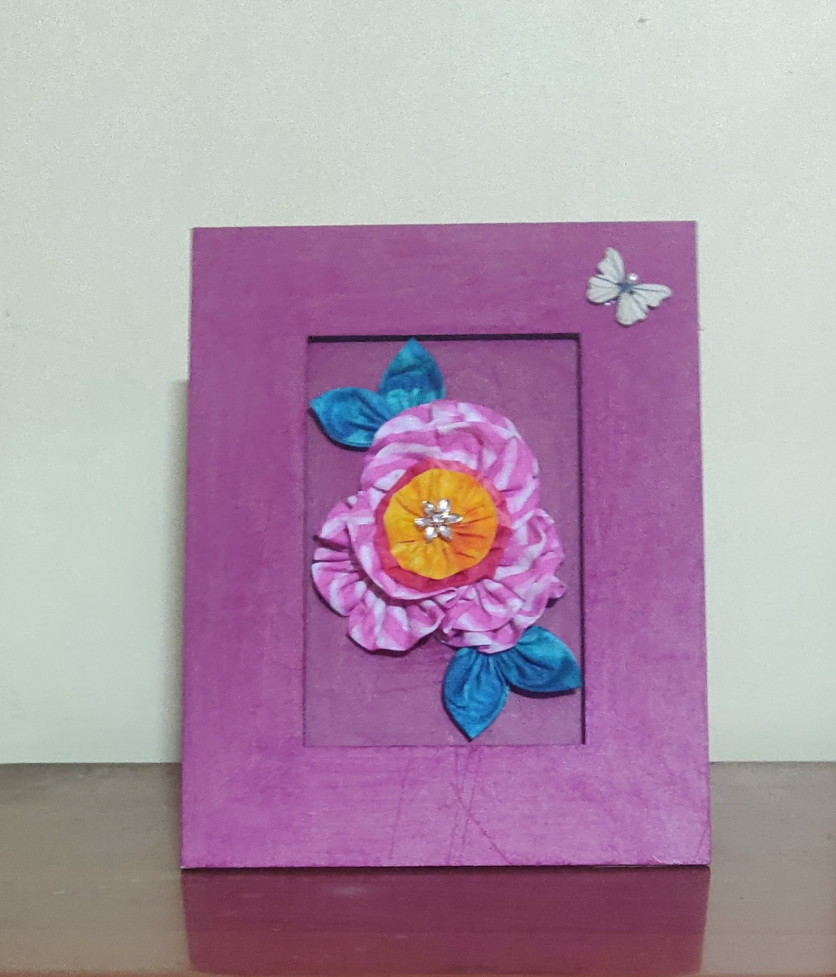 Handmade table top photo frame with fabric flowers