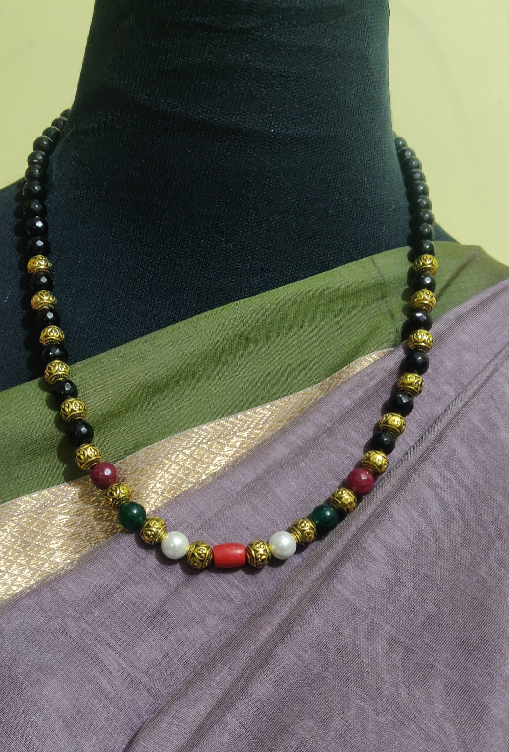 Black beads with coral, shell pearls and antique beads chain
