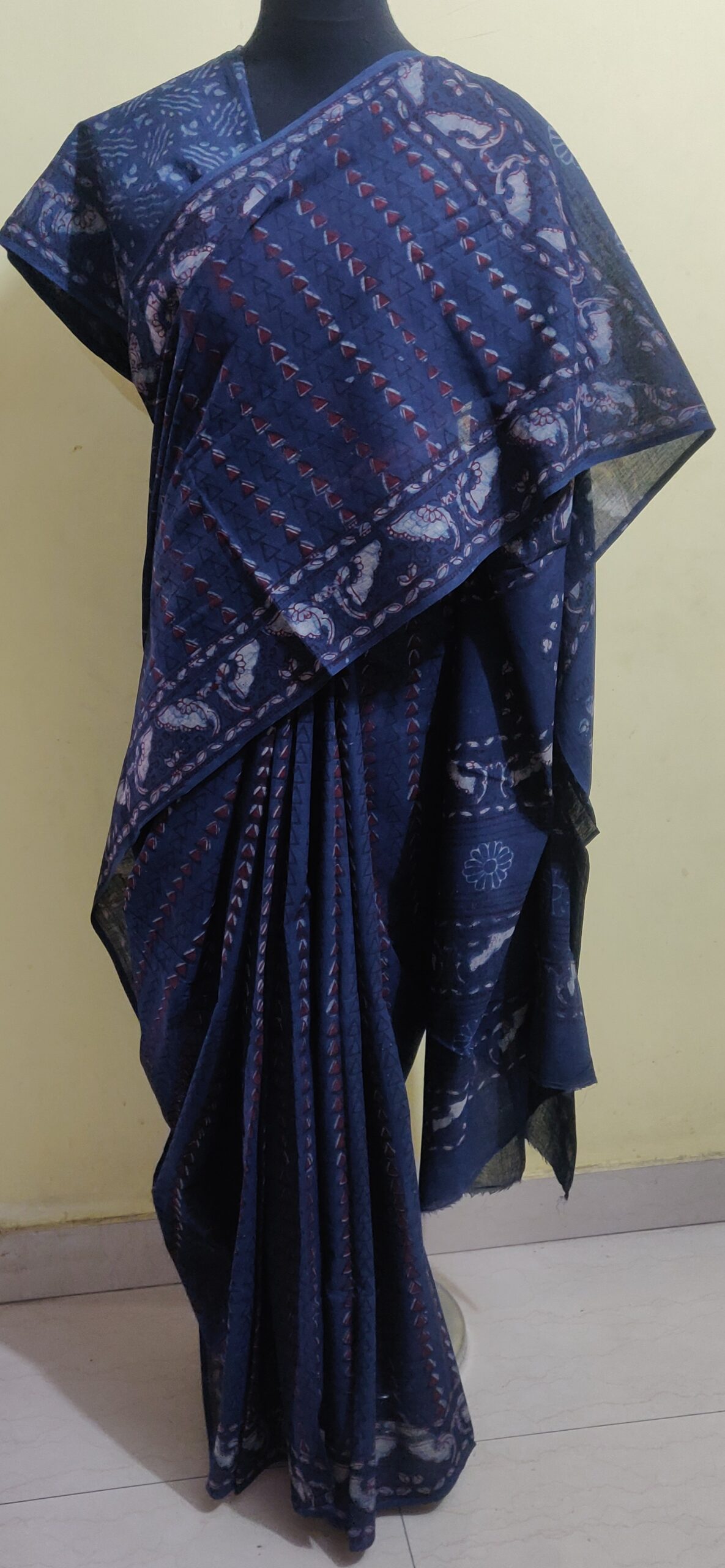 Tarapur Indigo hand block print cotton saree with blouse