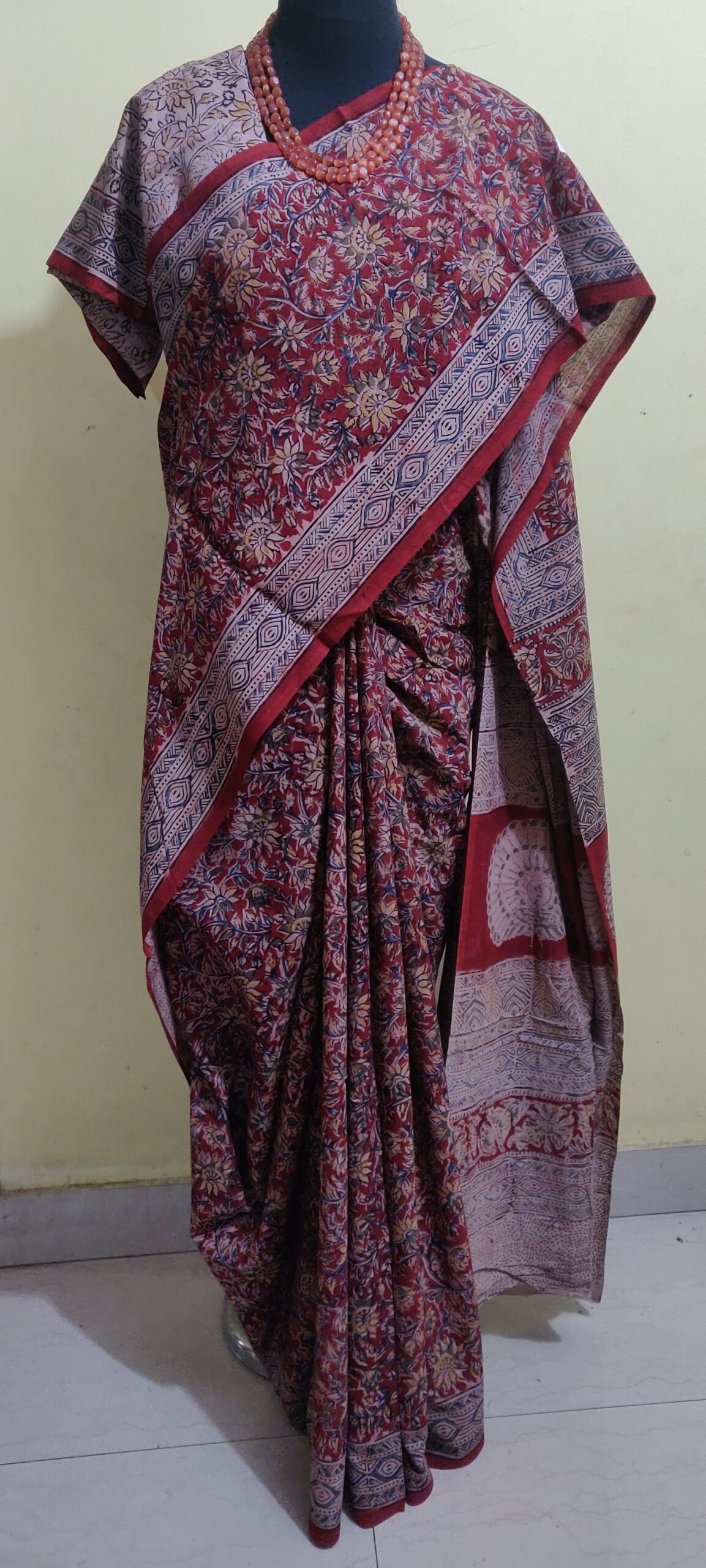 Hand Block print Kalamkari cotton saree with blouse
