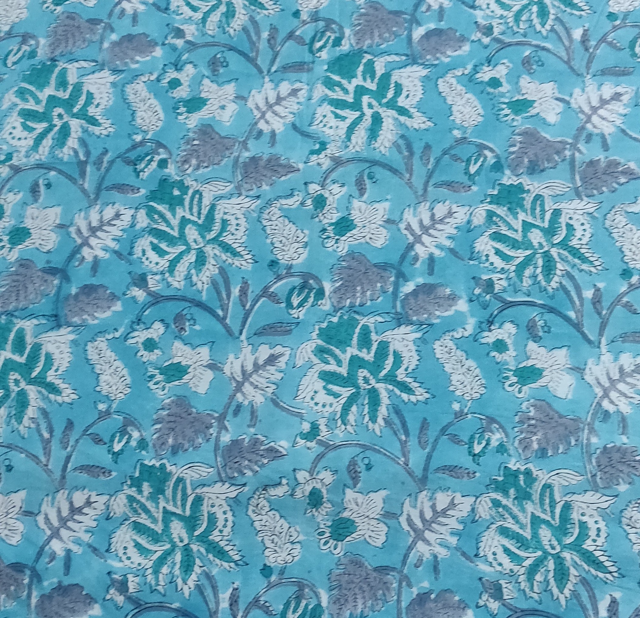 Light blue cotton block print fabric - 1 meter