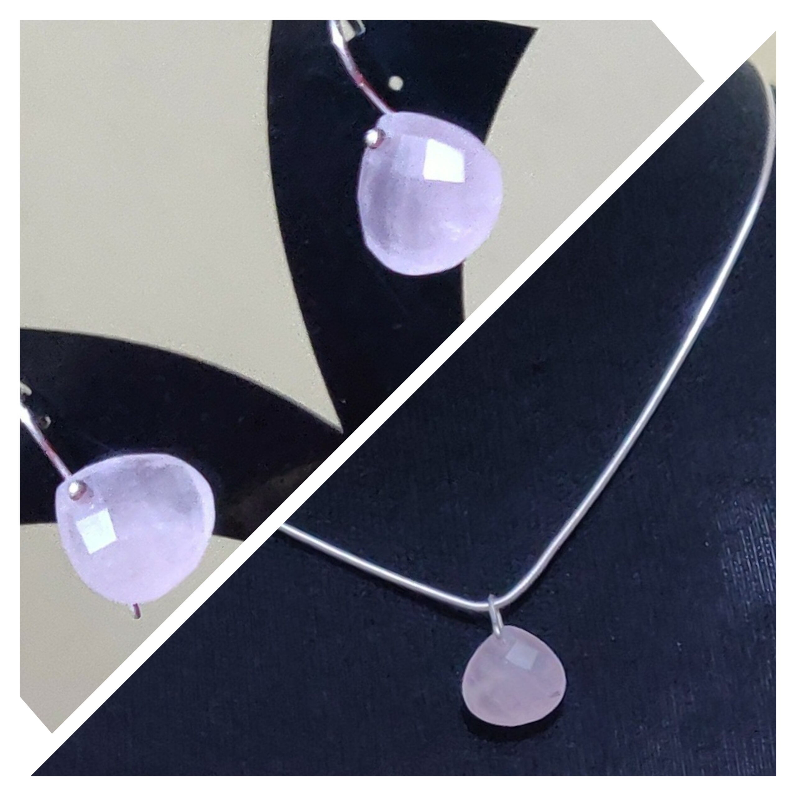 925 Silver Pink Quartz pendant and earrings set