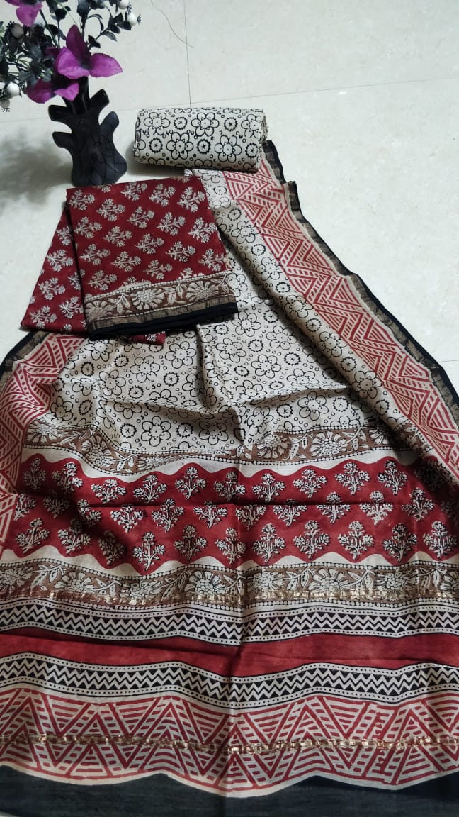 Chanderi cotton silk Hand block print suit
