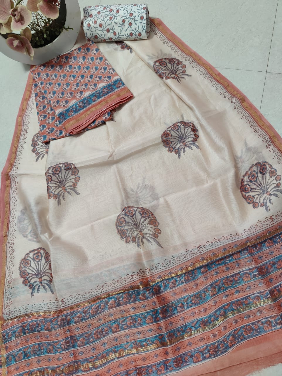 Chanderi cotton silk Hand block print suit