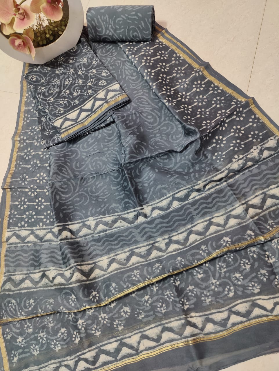 Chanderi cotton silk Hand block print suit