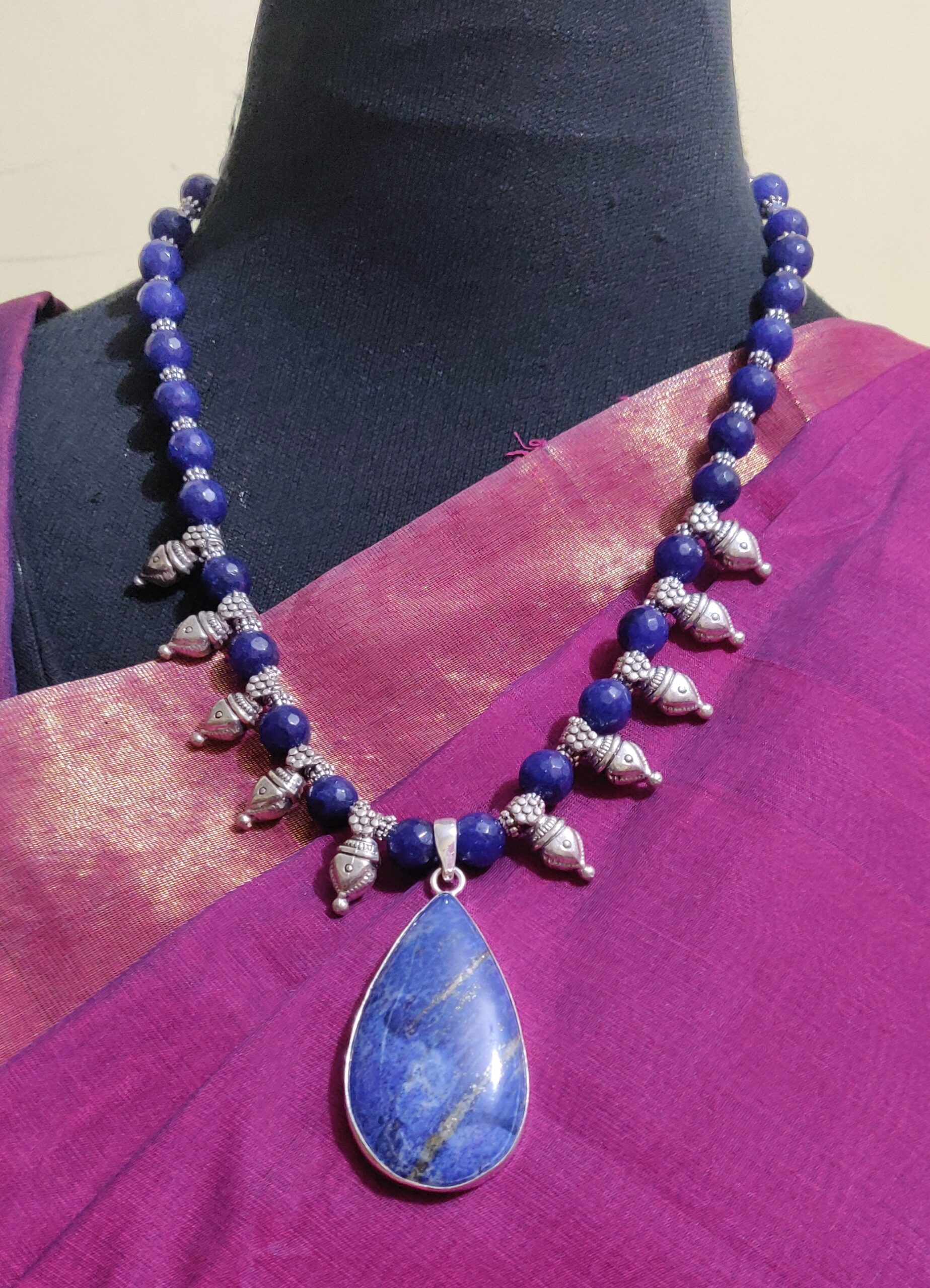 Lapiz pendant and semi-precious beads necklace