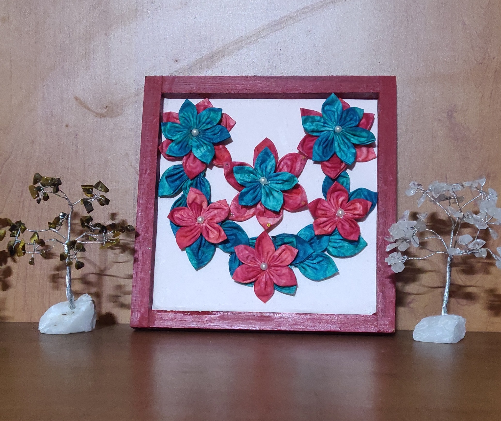 Wooden frame with fabric flowers