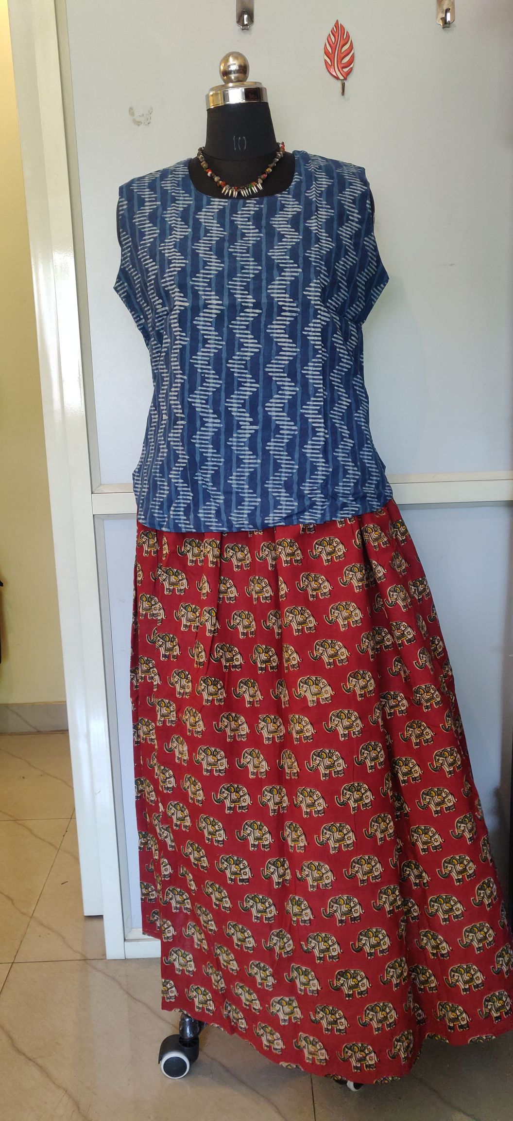 Kalamkari print cotton skirt with Indigo top