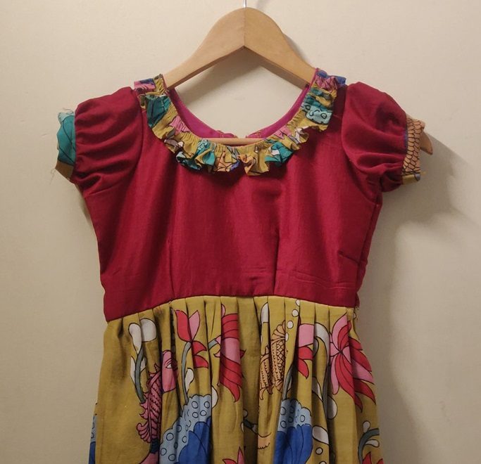 Bangalore silk Pen Kalamkari and chinon silk frock