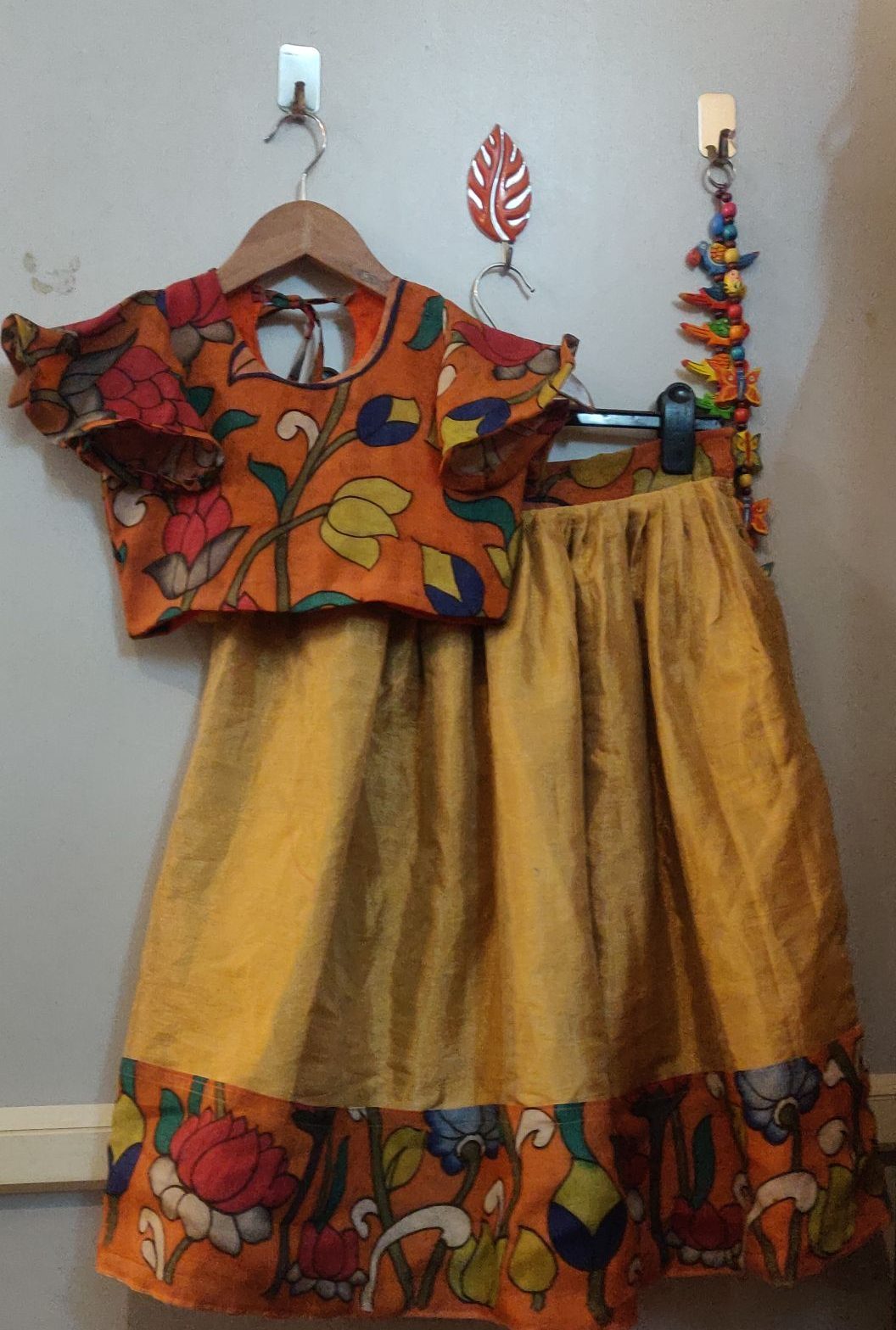 Pen Kalamkari patch work on Chanderi tissue silk Lehenga with crop top