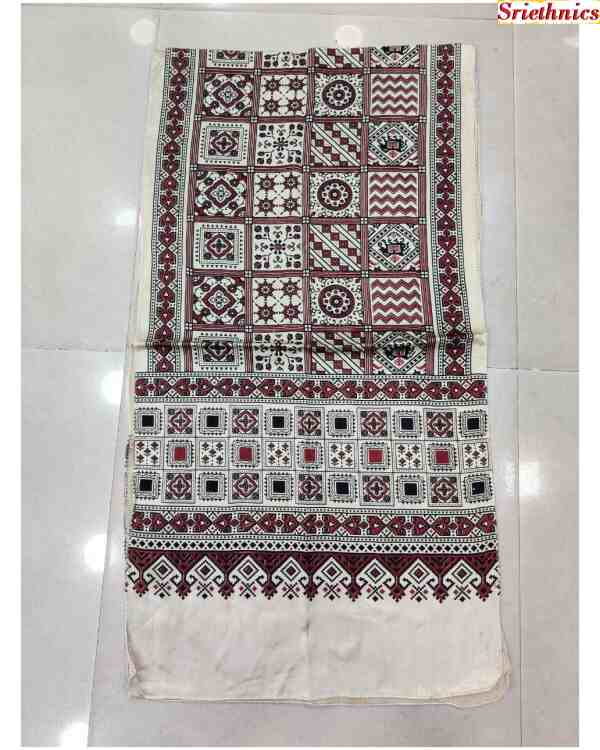 Cream mashru silk ajrakh stole