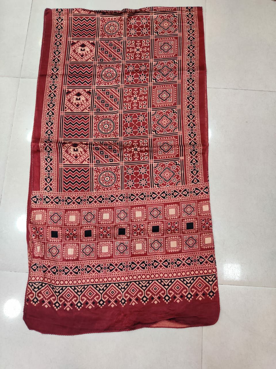 Maroon mashru silk ajrakh stole