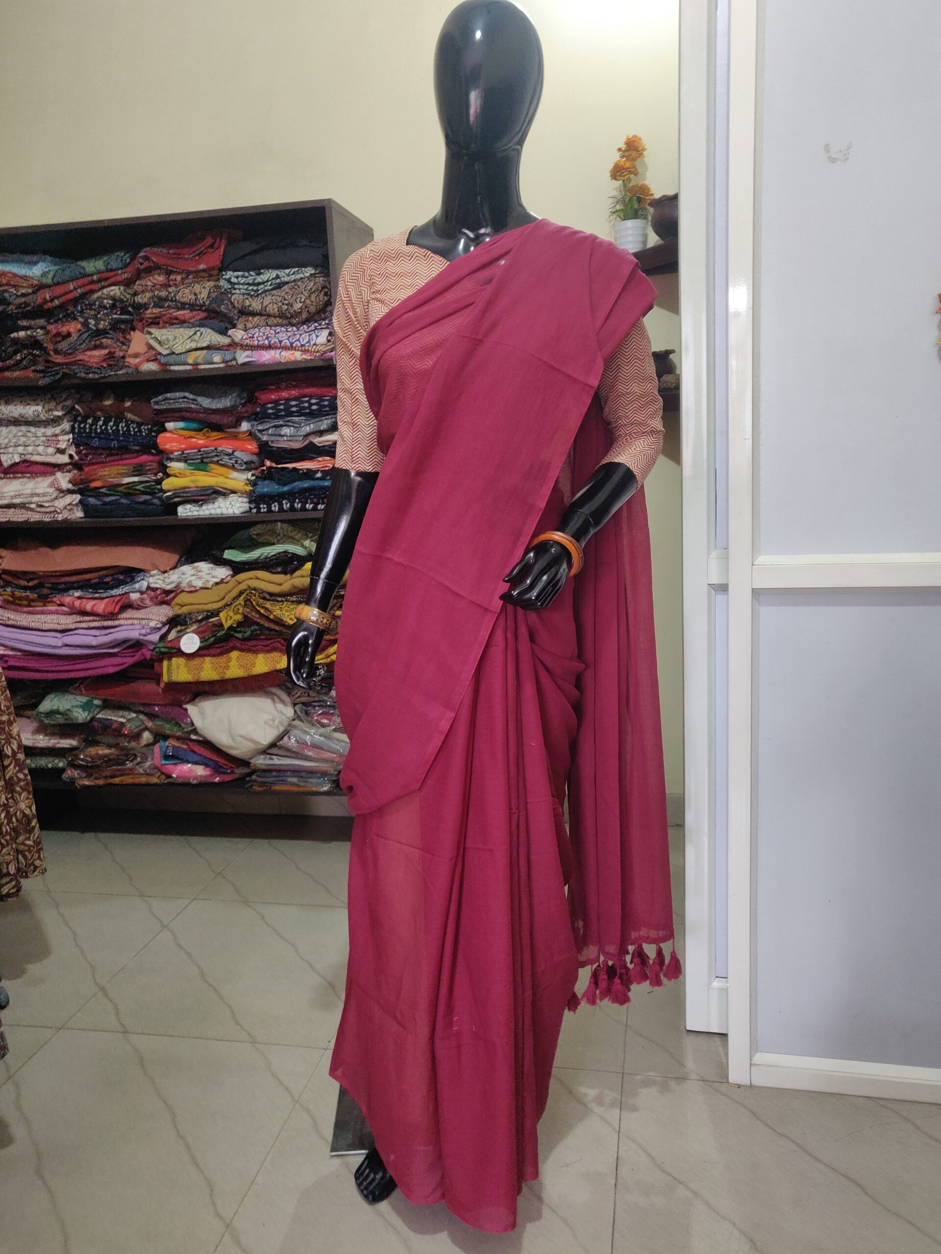 Plain Mul cotton saree with optional matching blouse