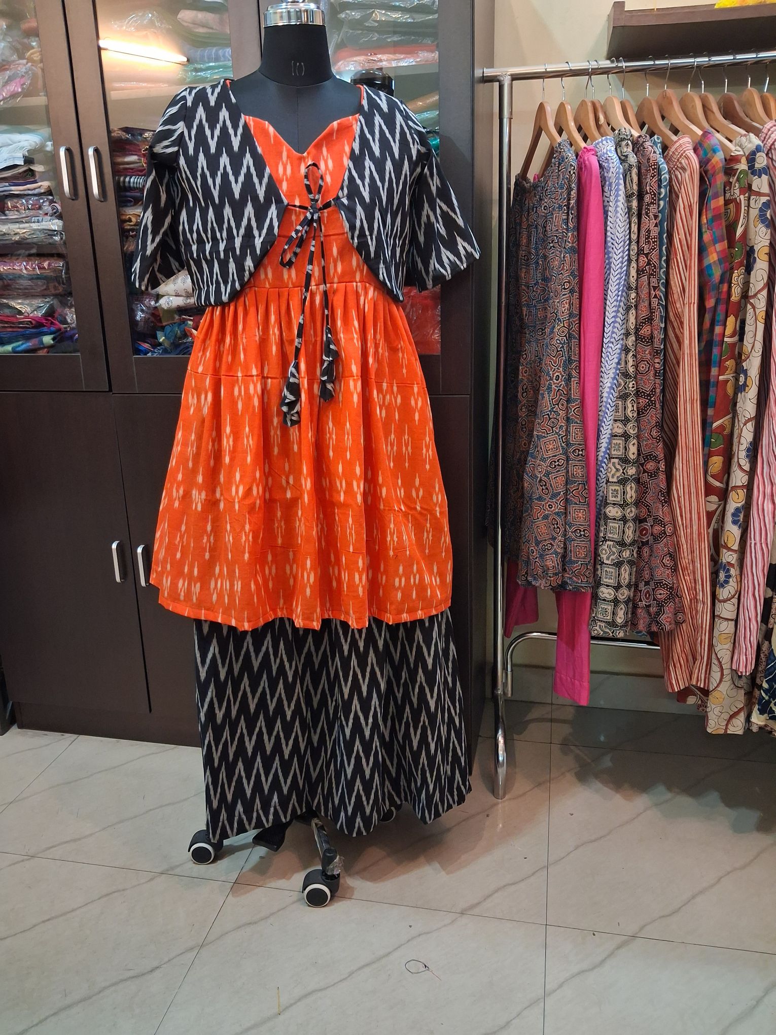 Ikkat cotton handloom dress with overcoat and skirt