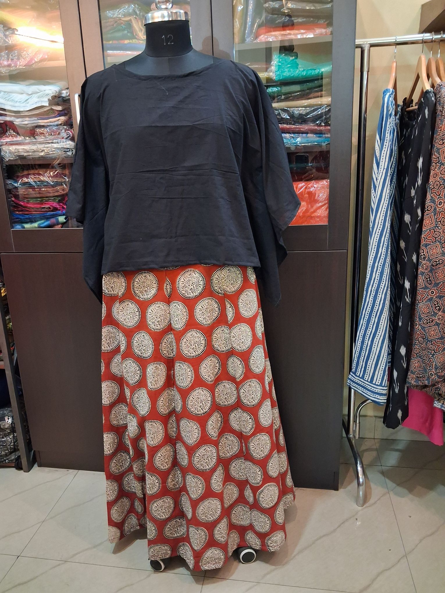Hand block print cotton skirt with black cotton kaftan