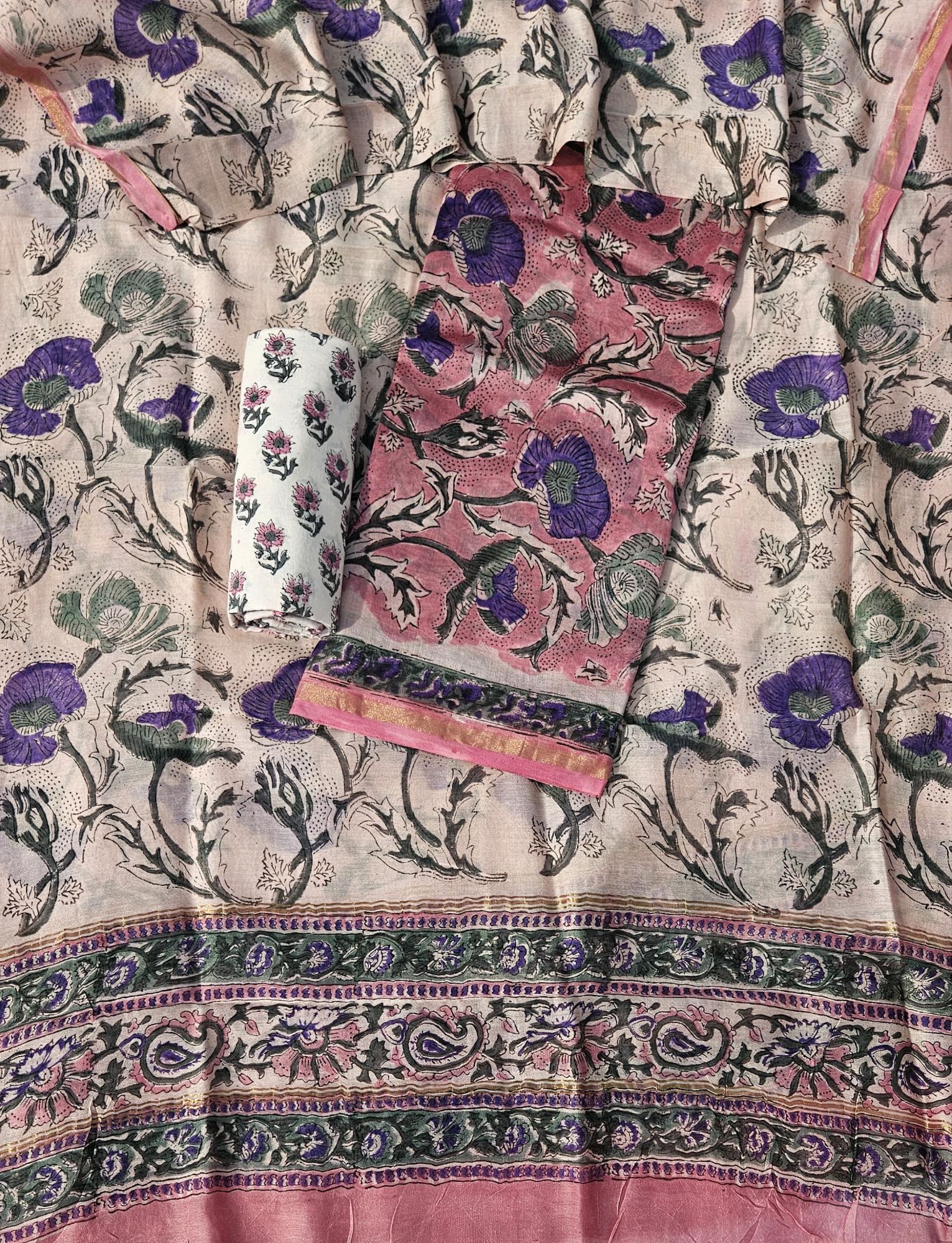 Chanderi cotton silk Hand block print suit
