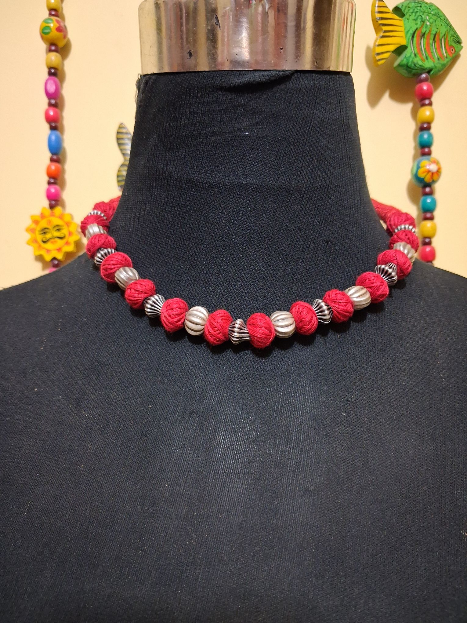 Pure silver antique and cotton beads necklace