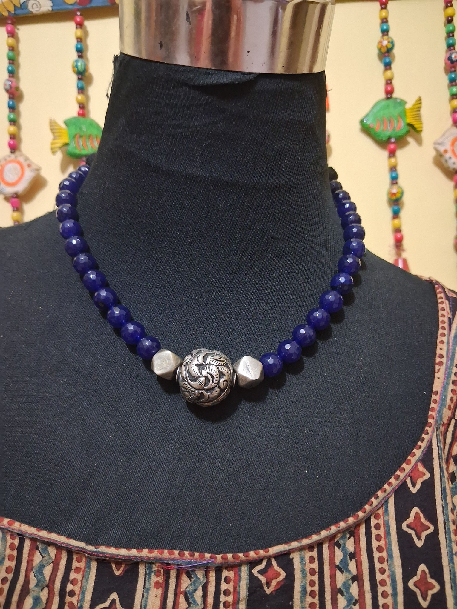 Pure silver beads with semi-precious beads necklace