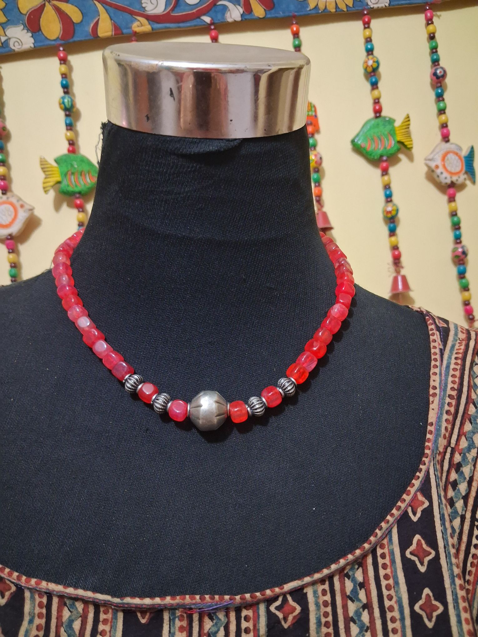 Pure silver antique beads with semi-precious beads necklace